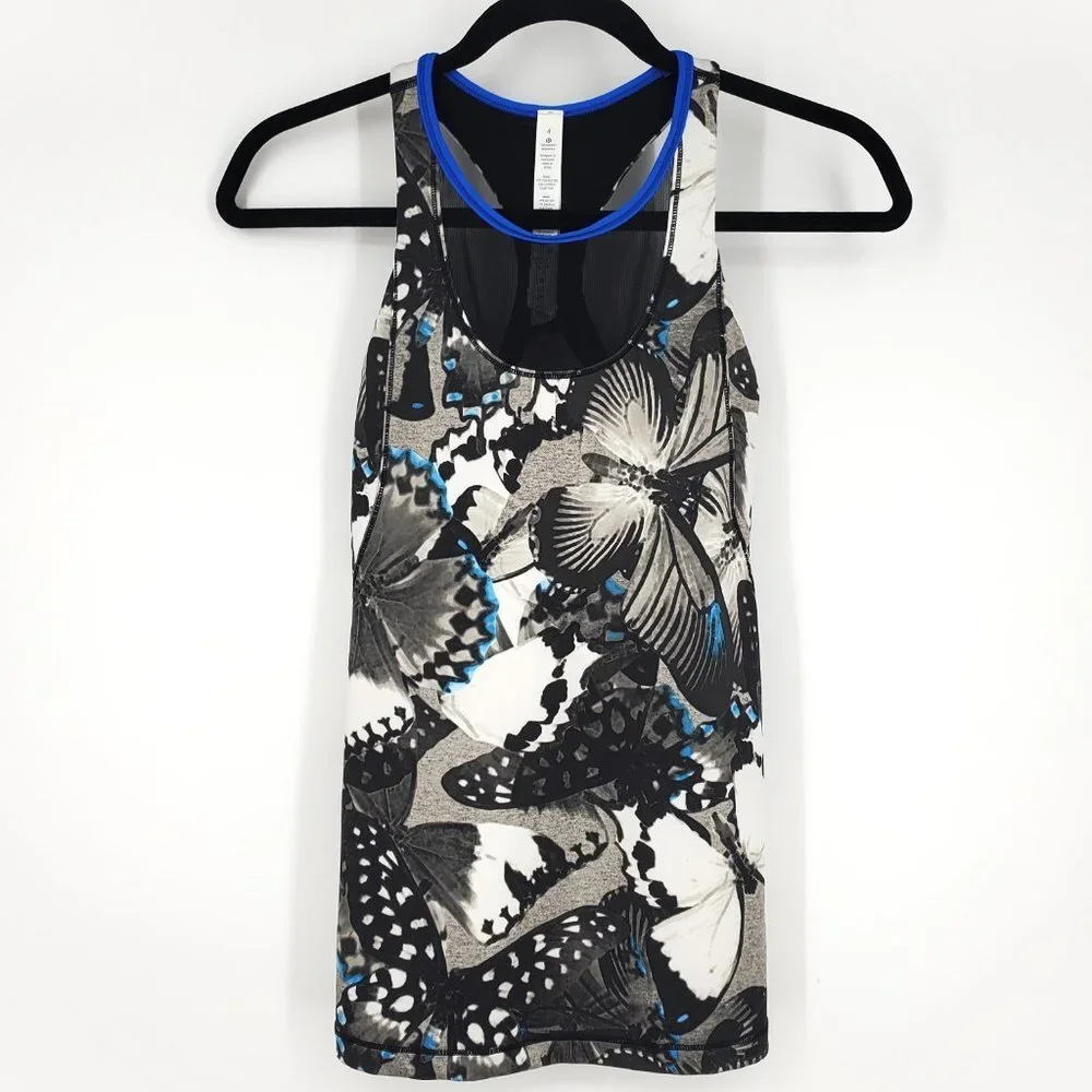 Lululemon Mesh With Me Tank Exploded‎ So Fly Butterfly Wing Print Black/Blue 4